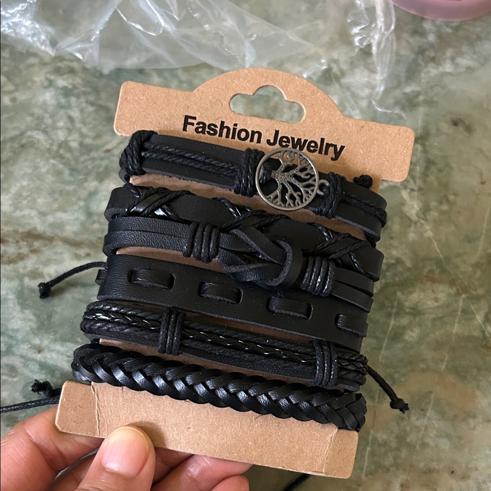 Men's Black Leather Bracelet Set